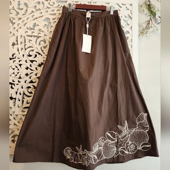 CAROLINE CONSTAS ENBRODERY BROWN MIDI FULL SKIRT NWT SZ SMALL - Picture 6 of 14